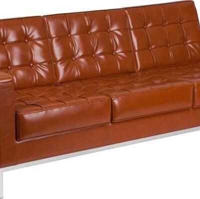 Brown leather sofa with button tufting and metal legs. Sof_07