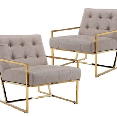 Sillón tapizado gris estilo capitoné con marco metal dorado Son_149