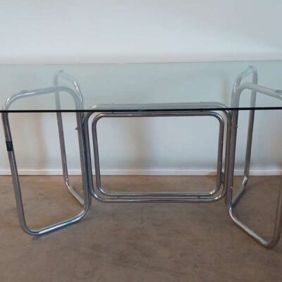 Chrome-plated tubular dining table with glass top 03077