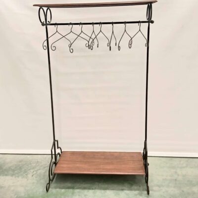 Black metal coat rack with wooden shelf. 05067