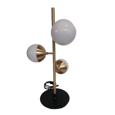 Gold table lamp with three horizontal globes. 417