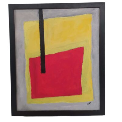 Cuadro abstracto, colores rojo, negro, amarillo y fondo gris. 01574