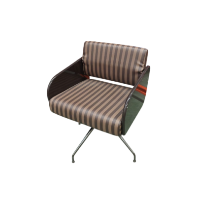 Vintage design swivel chair made in Italy, with black plexiglass structure and striped upholstery. Rental for events, advertising, series, films.