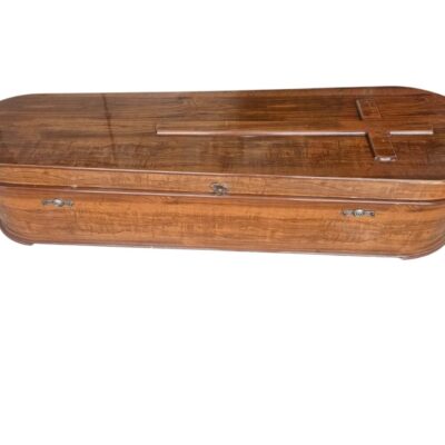 Traditional style wooden casket with a glossy finish, often referred to as a round model casket for hire for events, advertising, films and series.