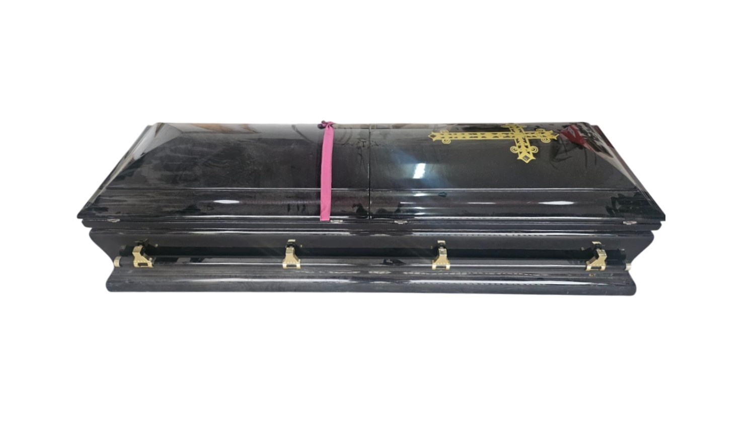 Black high gloss coffin features gold hardware and a gold cross detail rental for events, advertising, films and series.
