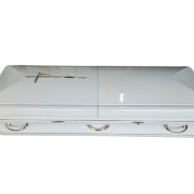 White coffin resembles the models of the Titan Orion series, known for their high gloss metallic finish and gold details, rental for events, advertising, films and series.
