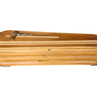 Classic style wooden coffin with a natural finish and a metal cross on the lid rental for events, advertising, films and series.