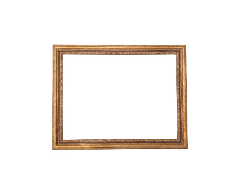 Marco de madera dorado de estilo vintage con un perfil delgado y forma angulada alquiler para eventos, publicidad, peliculas y series