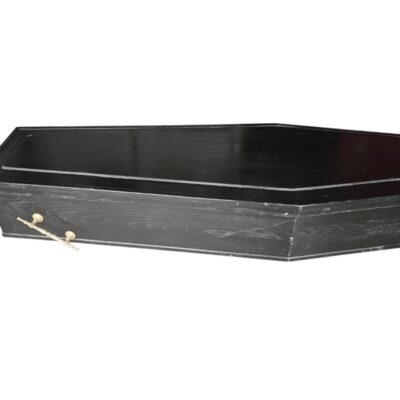 Black painted coffin, ideal for gothic decorations, rentals for events, advertising, films and series.