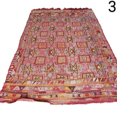Vintage Turkish Kilim or Jijim wool rug with geometric design for rent for events, advertising, films and series.
