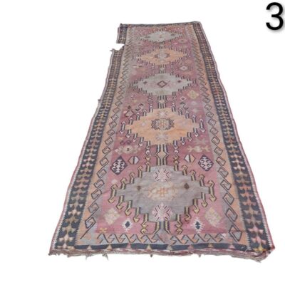 Turkish Kilim style handmade wool corridor rug with geometric motifs for rent for events, advertising, films and series.