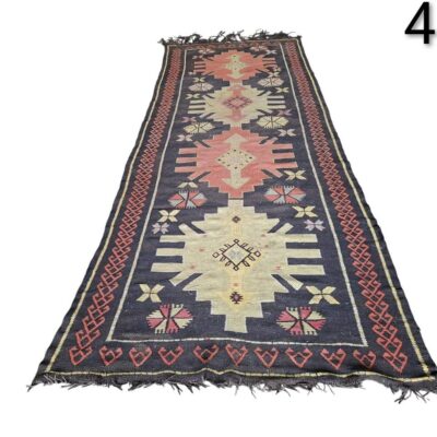 Turkish vintage kilim handmade wool rug, characterised by its flat weave and geometric motifs, for rent for events, advertising, films and series.