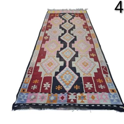 Alfombra Kilim turca vintage hecha a mano con lana y diseños geométricos alquiler para eventos, publicidad, peliculas y series