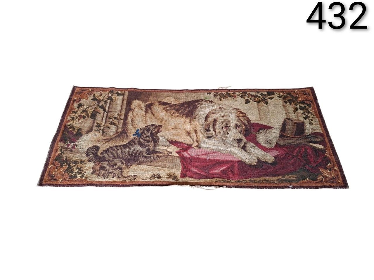 Woven or gobelin rug depicting a scene with a big dog and a cat for rent for events, advertising, films and series.