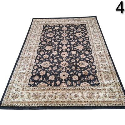 Oriental rug of Persian design of the brand Carpeto Rugs, characterized by its floral print in cream tones on a black background for rent for events, advertising, films and series.