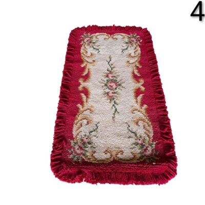 Alfombra pequeña de estilo Aubusson con diseño floral y flecos rojos alquiler para eventos, publicidad, peliculas y series