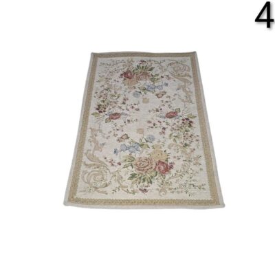 Rectangular pastoral style carpet with a multicoloured floral design on a beige background for rent for events, advertising, films and series.