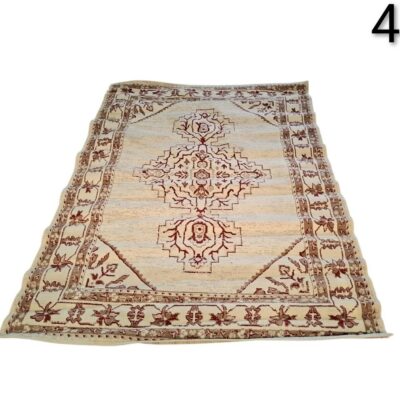 Rectangular oriental style rug with geometric and floral design in beige and brown tones for rent for events, advertising, films and series.