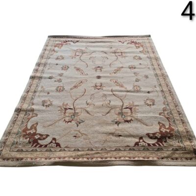 Vintage Oushak type carpet with a floral design in beige, red and green tones for rent for events, advertising, films and series.