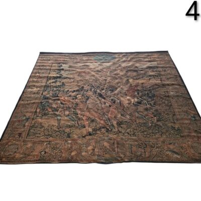 Rug depicting a historical battle scene, possibly Flemish or French style, for rent for events, advertising, films and series.