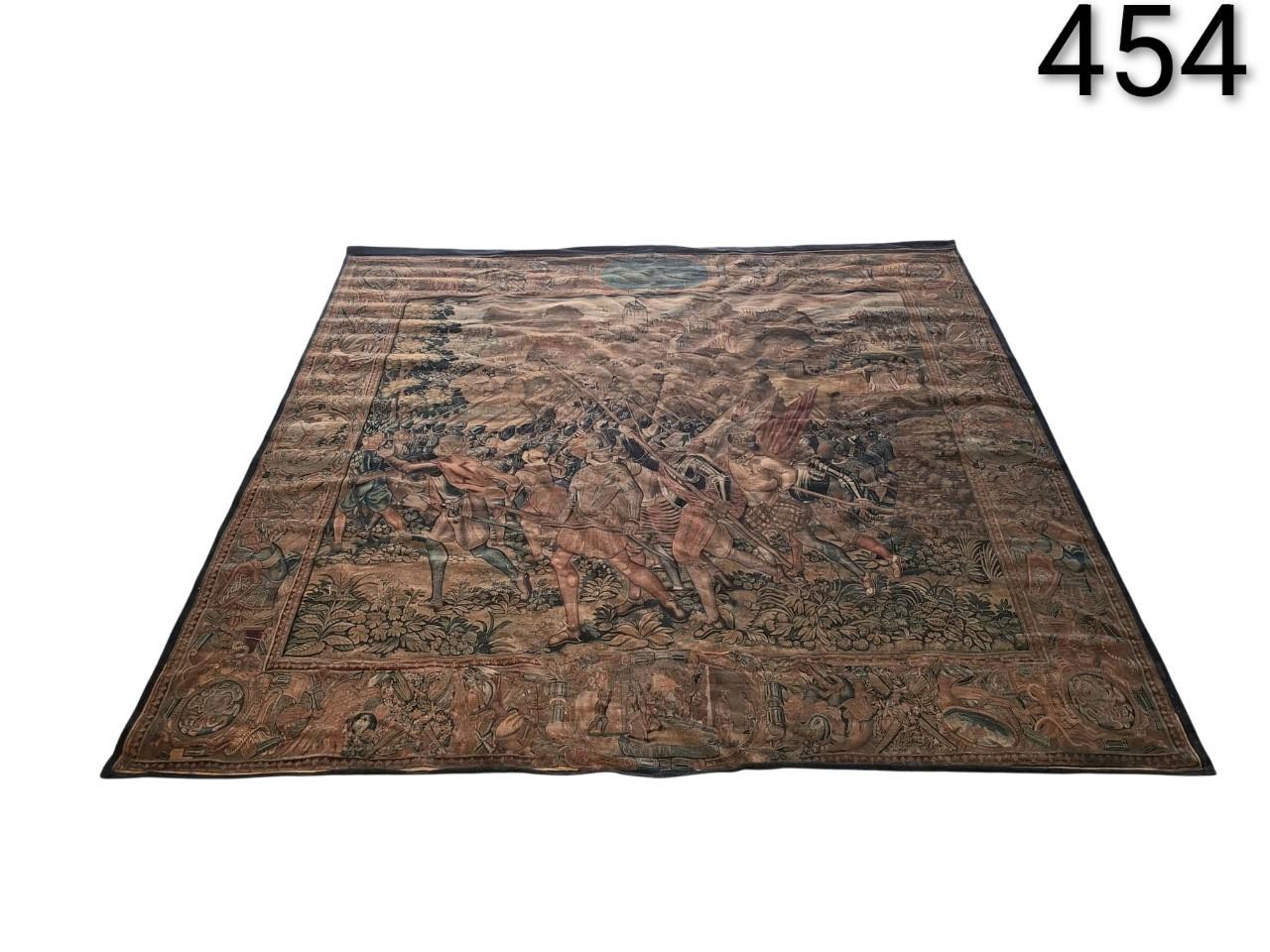 Alfombra que representa una escena de batalla histórica, posiblemente de estilo flamenco o francés alquiler para eventos, publicidad, peliculas y series