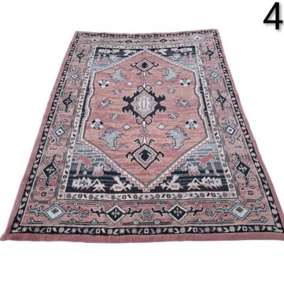Vintage Turkish style wool rug with a geometric design in pink and blue tones for rent for events, advertising, films and series.