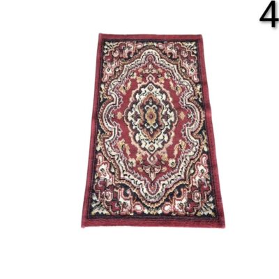 Small classic style carpet with a traditional oriental medallion design in red, beige and cream tones for rent for events, advertising, films and series.