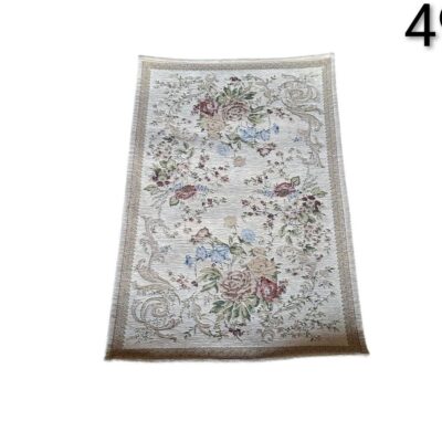 Rectangular pastoral style carpet with classic floral design in beige and multicoloured tones for rent for events, advertising, films and series.