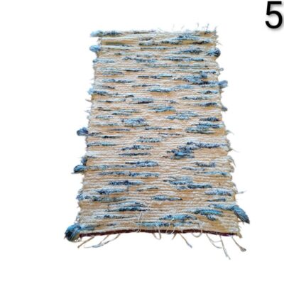 Rectangular hand-woven jarapa style carpet with cream and blue tones for rent for events, advertising and films.