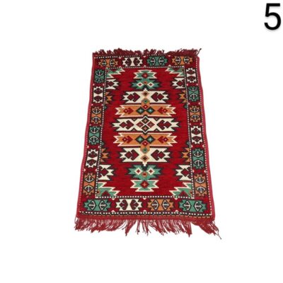 Turkish handmade Kilim rug with geometric patterns in red, green and white for rent for events, advertising, films and series.