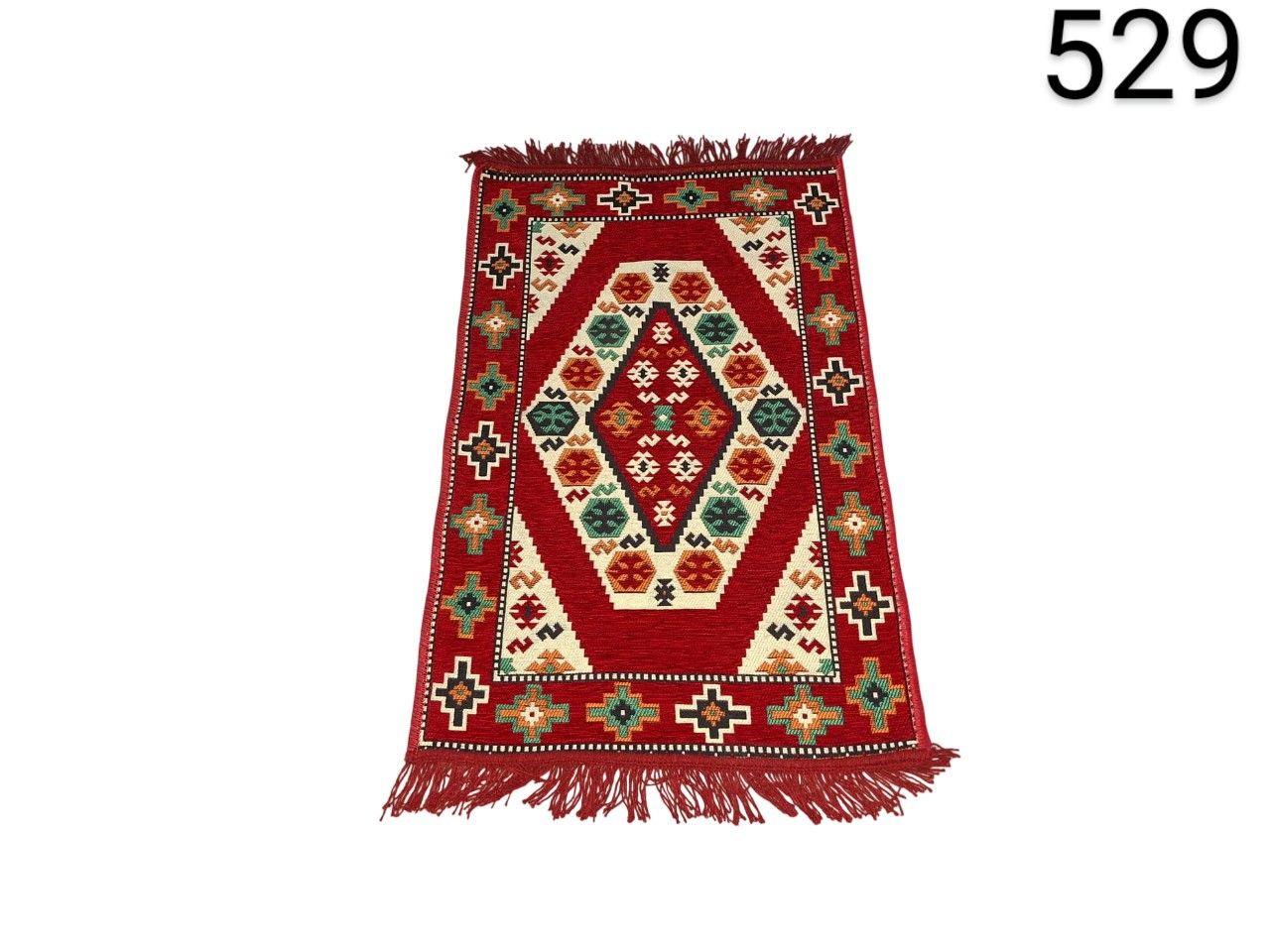 Turkish hand-woven wool Kilim rug with traditional geometric patterns in red tones for rent for events, advertising, films and series.