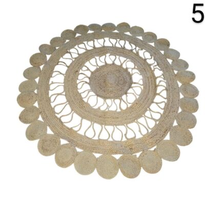 Hand braided round jute rug, boho style, natural colour, for rent for events, advertising, movies and series.