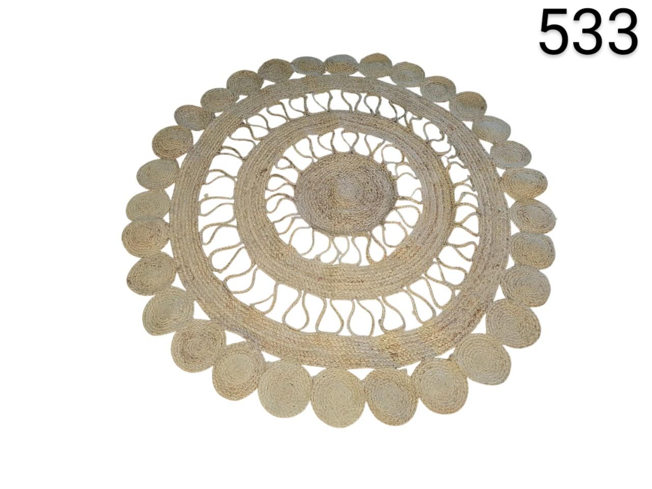 Hand braided round jute rug, boho style, natural colour, for rent for events, advertising, movies and series.