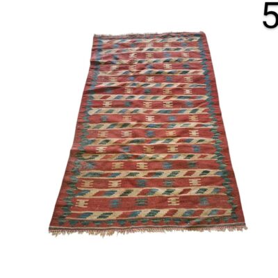 Handmade red Kilim rug with blue and beige geometric patterns for rent for events, advertising, films and series.