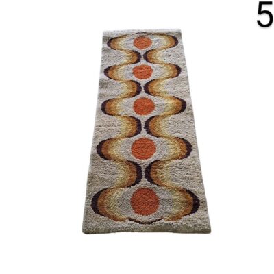 70's Swedish Rya style hallway rug with orange and brown geometric design for rent for events, advertising, films and series.