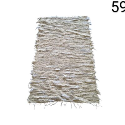 Beige coloured, cotton woven rug with fringes at the ends, for rent for events, advertising, films and series.
