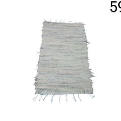 Hand-woven rag rug with a frayed design in grey and white for rent for events, advertising, films and series.
