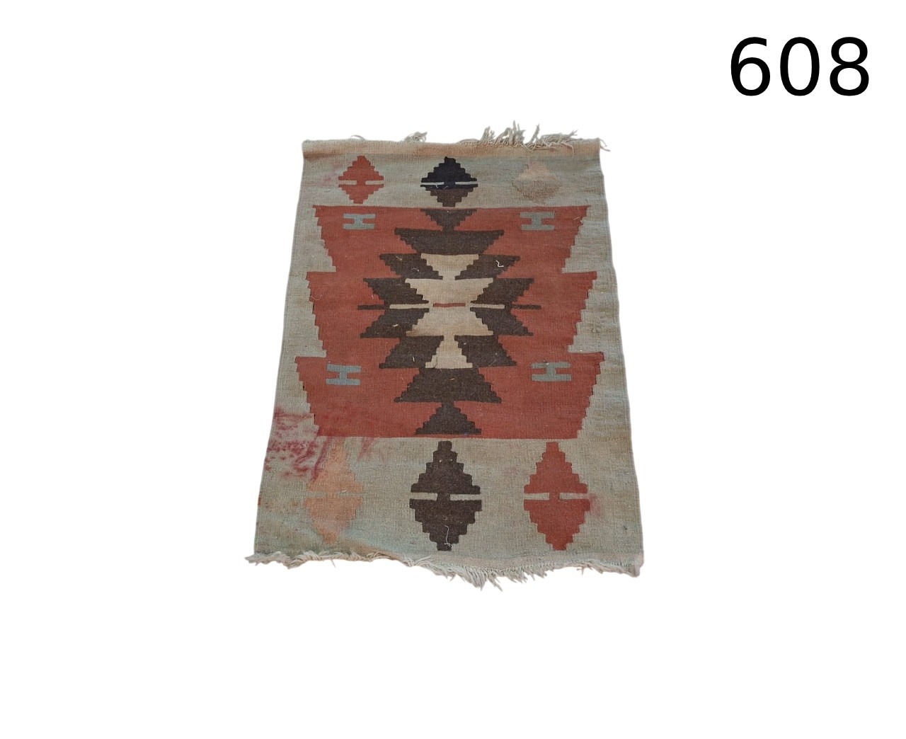 Alfombra Kilim turca vintage hecha a mano con lana en tonos terracota, gris y beige alquiler para eventos, publicidad, peliculas y series