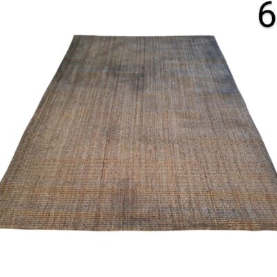 Rectangular rug made of natural fibres, possibly jute or wool, with a woven texture and a worn brown and grey tone, for rent for events, advertising, films and series.