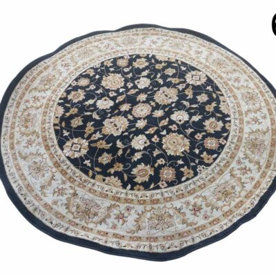 Round Oushak style carpet in black and beige tones with a floral pattern for rent for events, advertising, films and series.