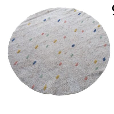 Zara Home round cotton children's rug with multicoloured polka dot design on off-white background for rent for events, advertising, films and events.