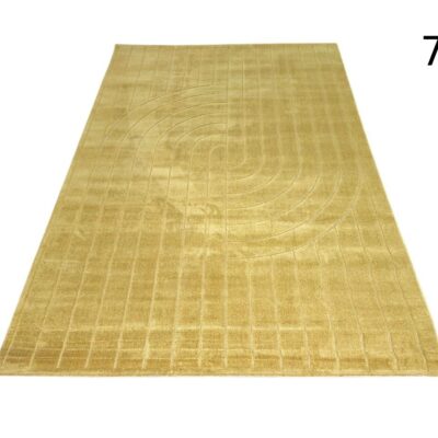 Hand-woven oriental Gabbeh rug with gold coloured virgin wool and grid pattern for rent for events, advertising, films and series.
