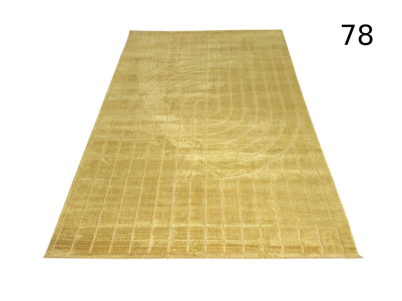 Hand-woven oriental Gabbeh rug with gold coloured virgin wool and grid pattern for rent for events, advertising, films and series.