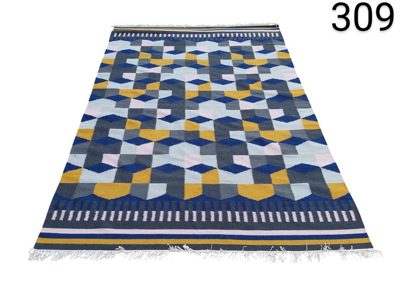 IKEA Tårbäk carpet with blue, yellow and grey geometric pattern for rent for events, advertising, films and series.