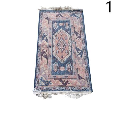 Alfombra Oushak turca vintage de lana hecha a mano en tonos rosa y azul alquiler para eventos, publicidad, peliculas y series
