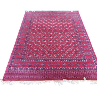 Afghan Bukhara style carpet with a traditional geometric design in red colour for rent for events, advertising, films and series.