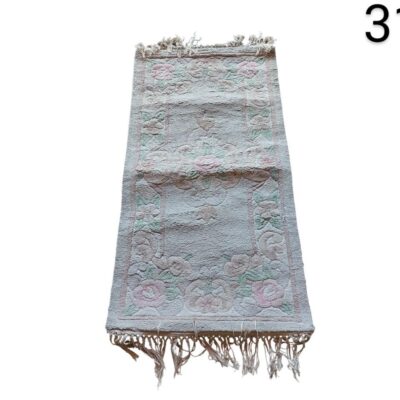 Chinese hand knotted wool rug with a traditional floral design in pink and green tones for rent for events, advertising, films and series.
