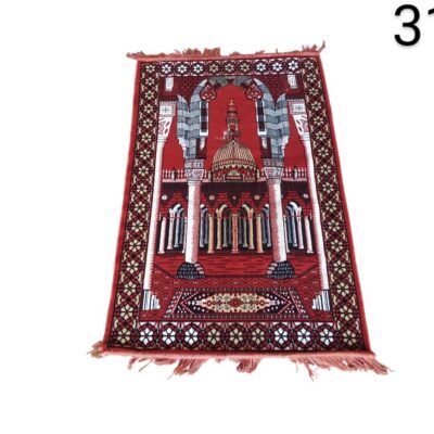 Red prayer rug with a detailed mosque design and grey fringes for rent for events, advertising, films and series.