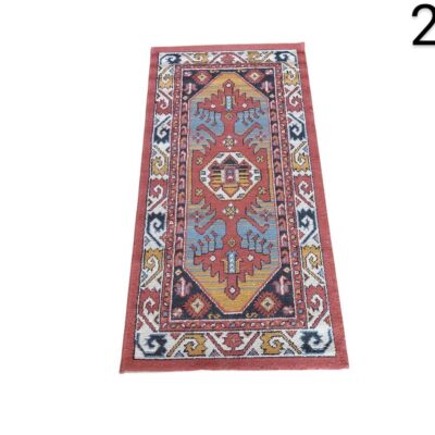 Alfombra kilim turca de lana con motivos geométricos en rojo y azul alquiler para eventos, publicdad, peliculas y series