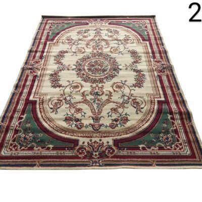 Alfombra oriental Mazovia con diseño clásico de medallón en tonos beige, verde y rojo alquiler para eventos, publicidad, peliculas y series